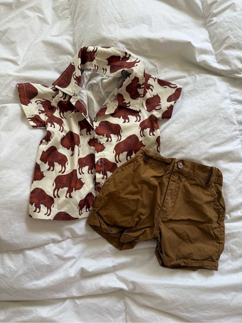 Buffalo Print baby button up Shirt with Brown Shorts